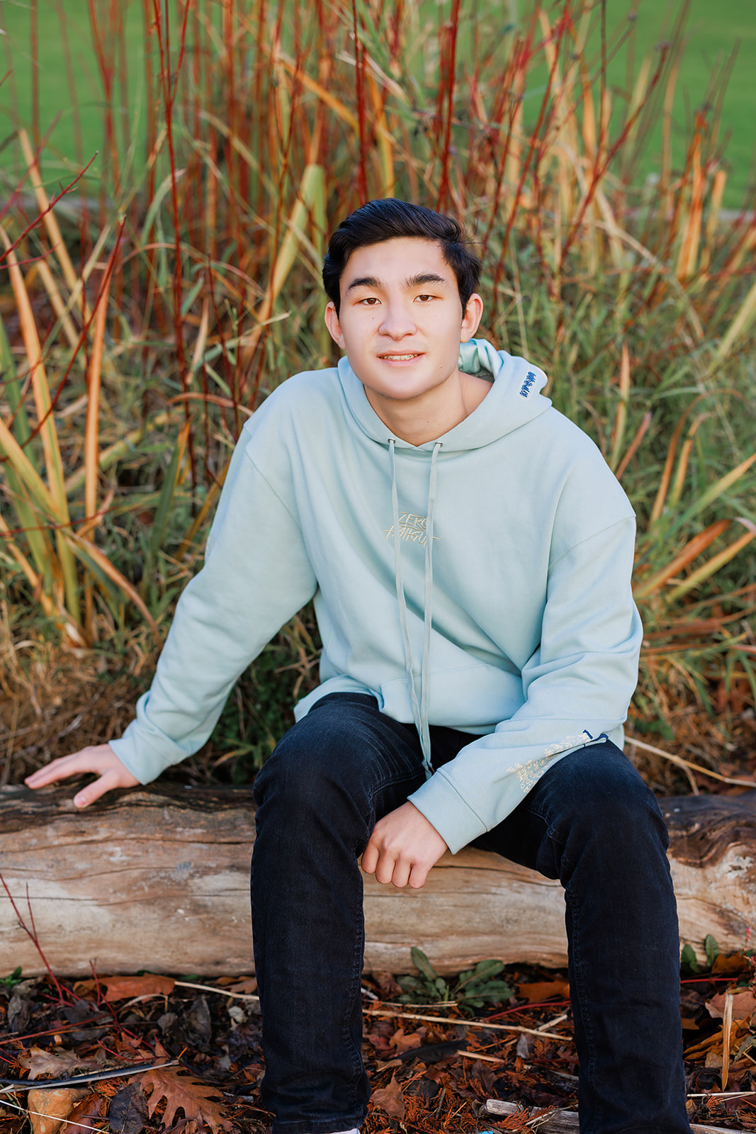 A high school senior sits on a log in a hoodie and jeans at sunset