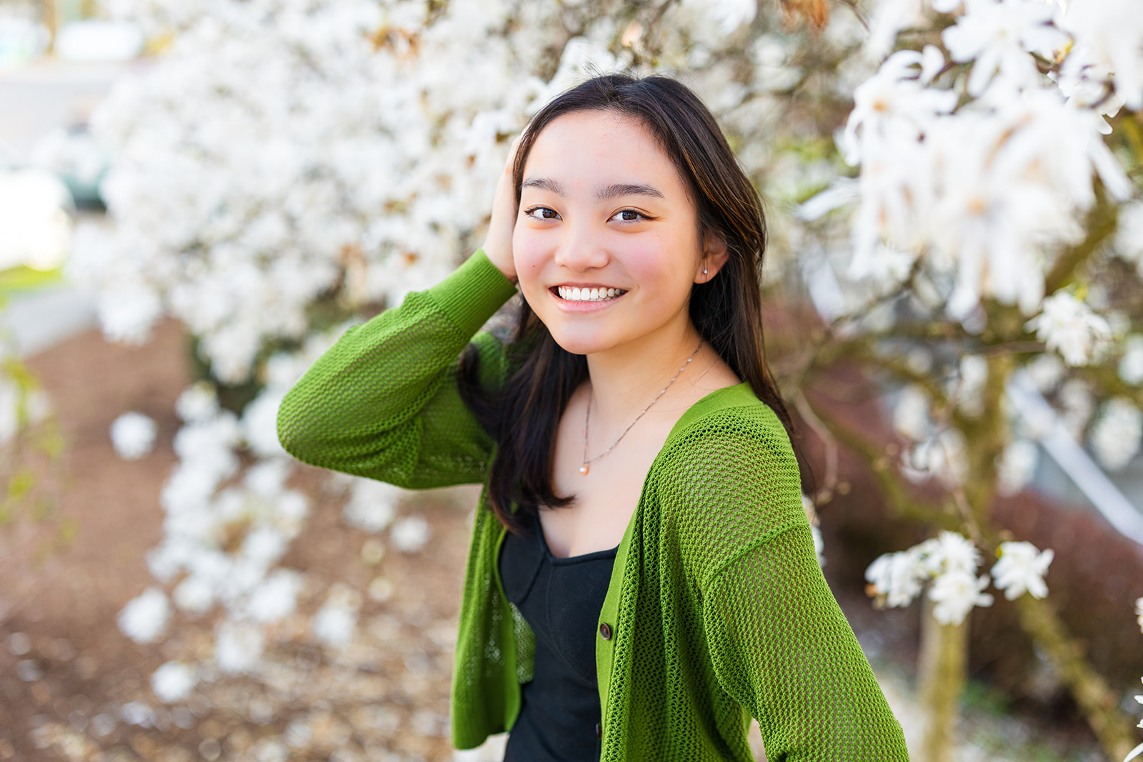 A dark hair high school senior sits under a white blossoming tree in a green sweater