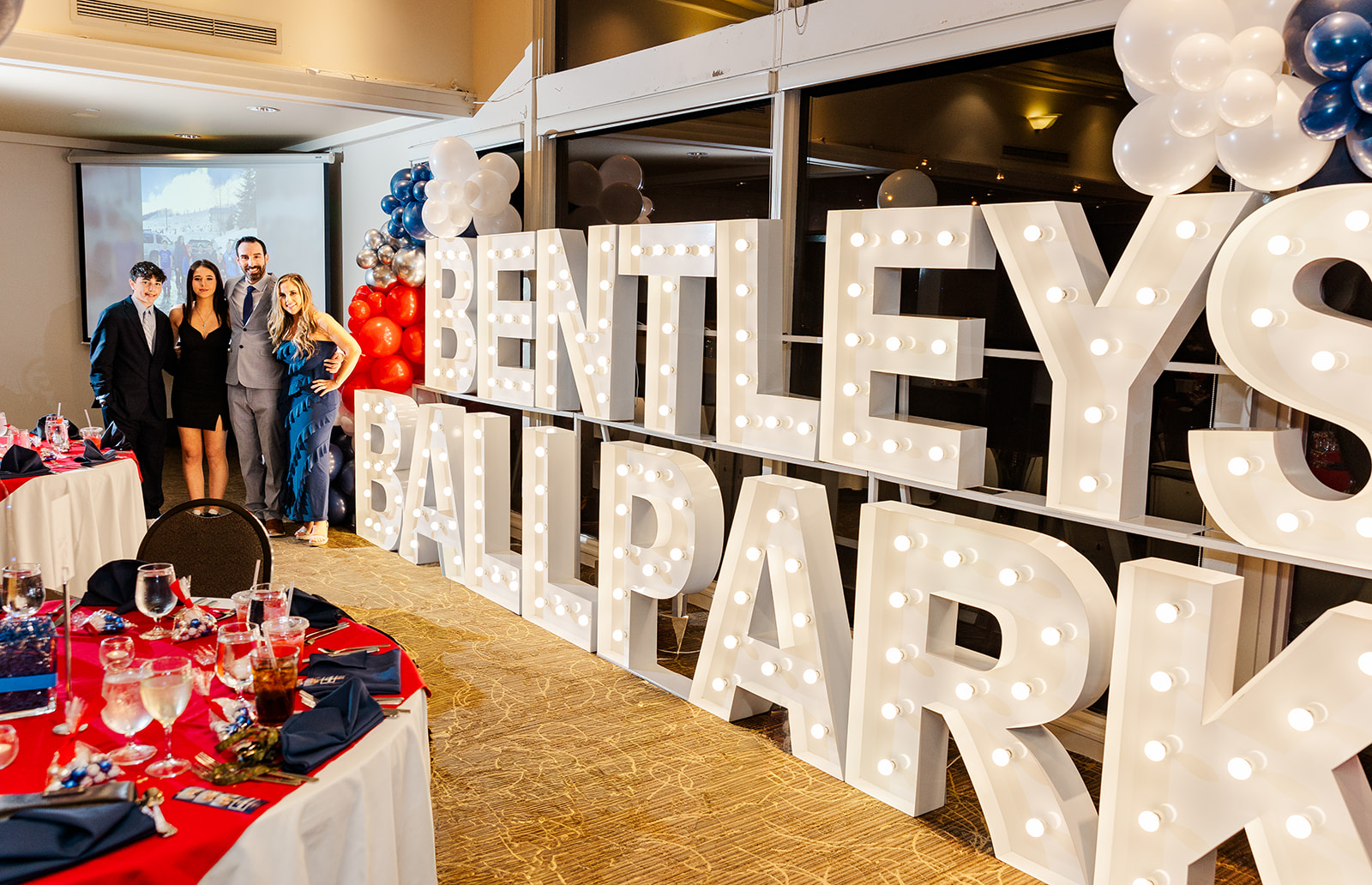 Details of a custom name marquee sign at a Bar Mitzvah