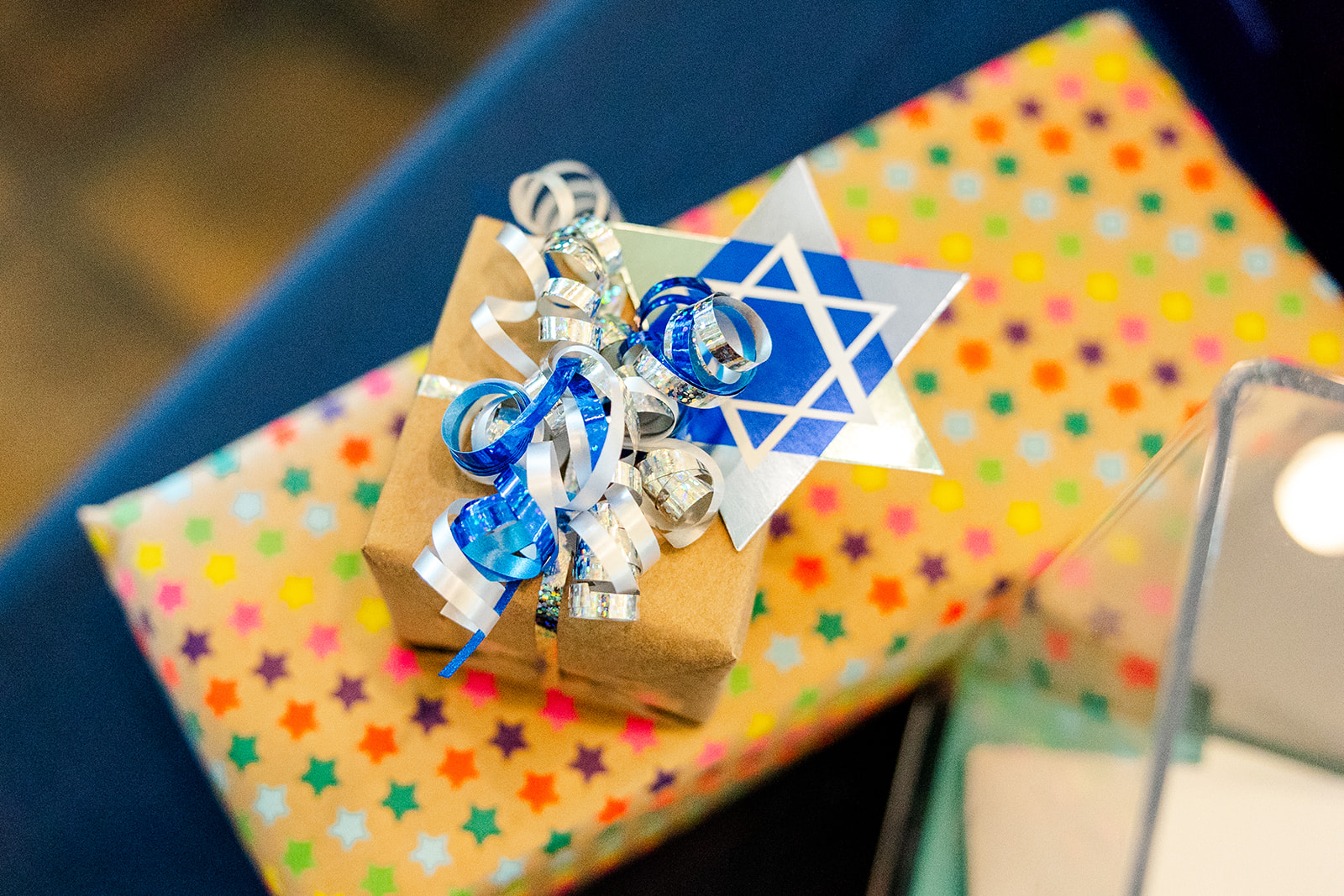 Details of a mitzvah present decoration set up by event planners in Kirkland, WA